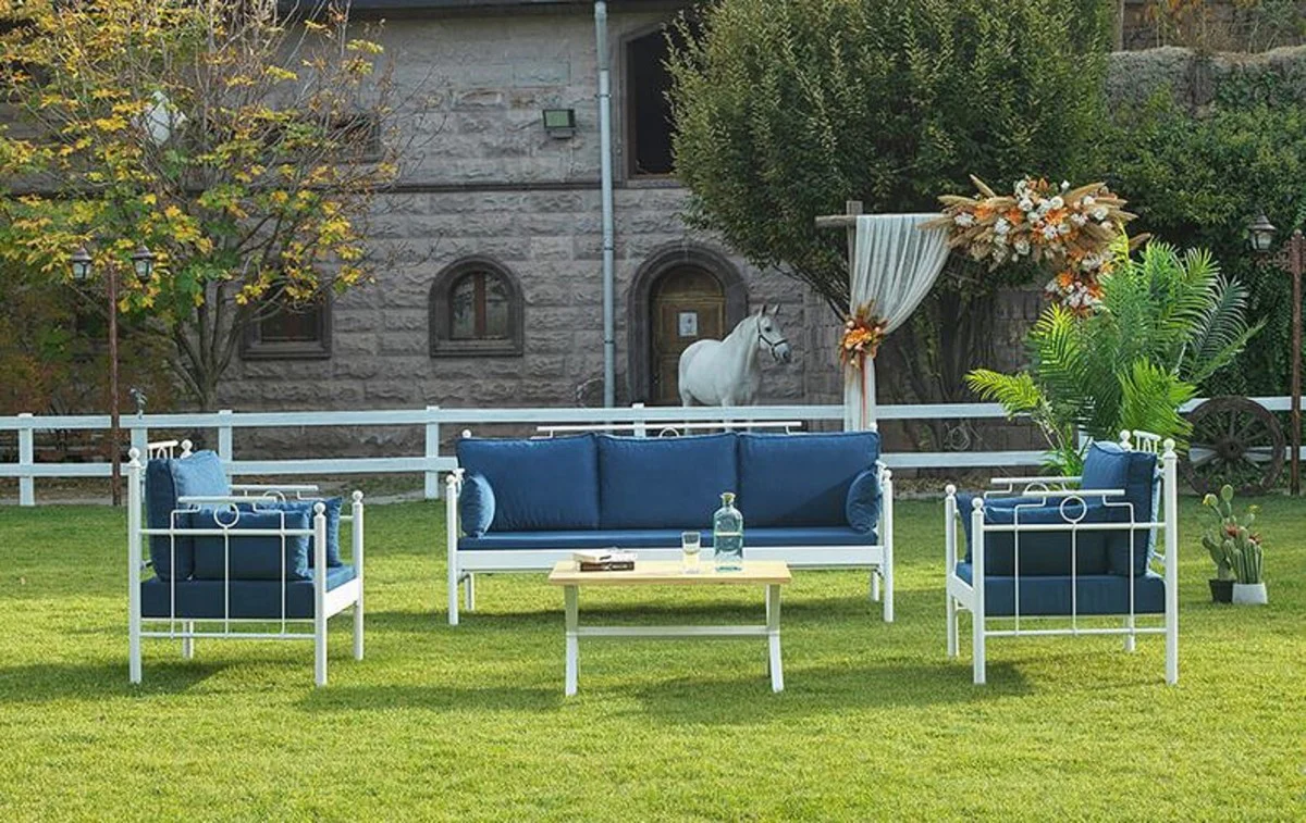 Casa Padrino Art Nouveau Conjunto de Muebles de Jardín Azul / Blanco - 1 Sofá y 2 Sillones y 1 Mesa - Muebles de Jardín y Patio en Estilo Art Nouveau