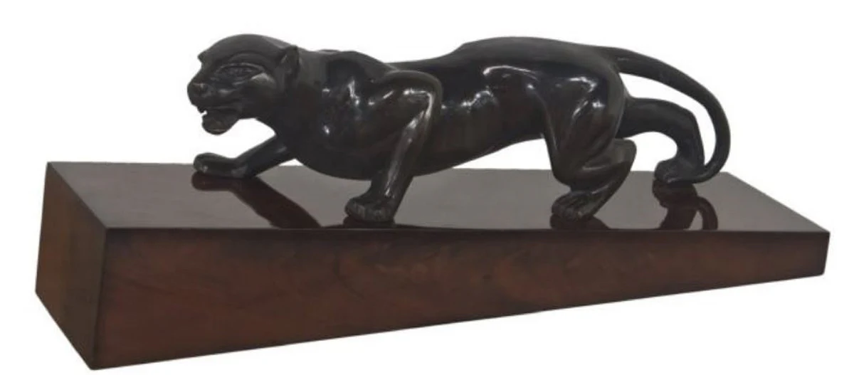Casa Padrino figura de bronce de lujo puma negro / marrón oscuro 60 x 17 x H. 20 cm - Elegante Deco Figura sobre Base de Madera