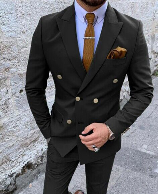 Business Solid Lapel Collar Double Breasted Blazer & Pants 2Pcs Set