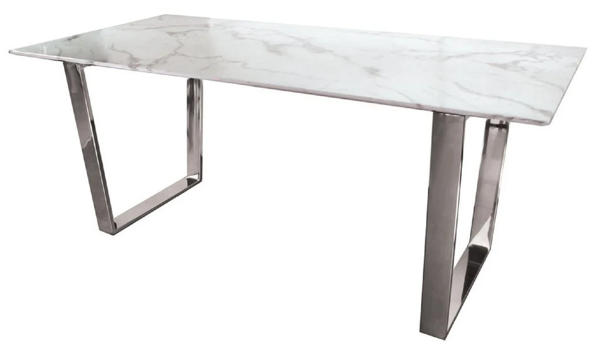 Casa Padrino mesa de comedor de lujo blanco / plata 160 x 80 x A. 75 cm - Mesa de comedor con tapa de m¨¢rmol artificial - Muebles de comedor - Muebles de lujo - Interiores de lujo
