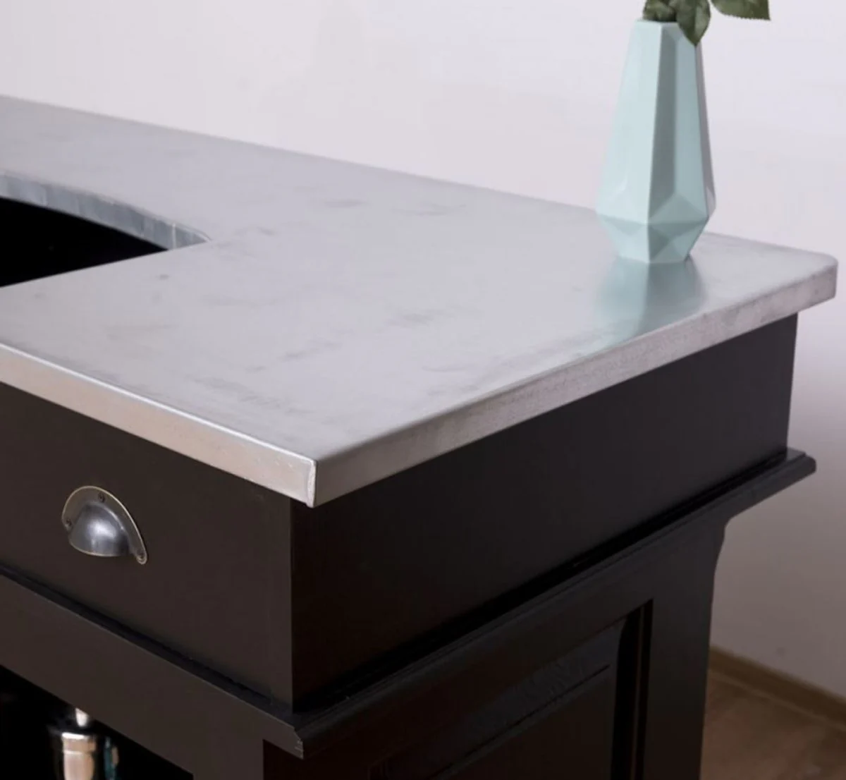 Casa Padrino barra de bar de estilo campestre negro / plata 160 x 65 x A. 107 cm - Barra de bar de madera maciza con sobre de mesa galvanizado - Muebles de bar en estilo campestre