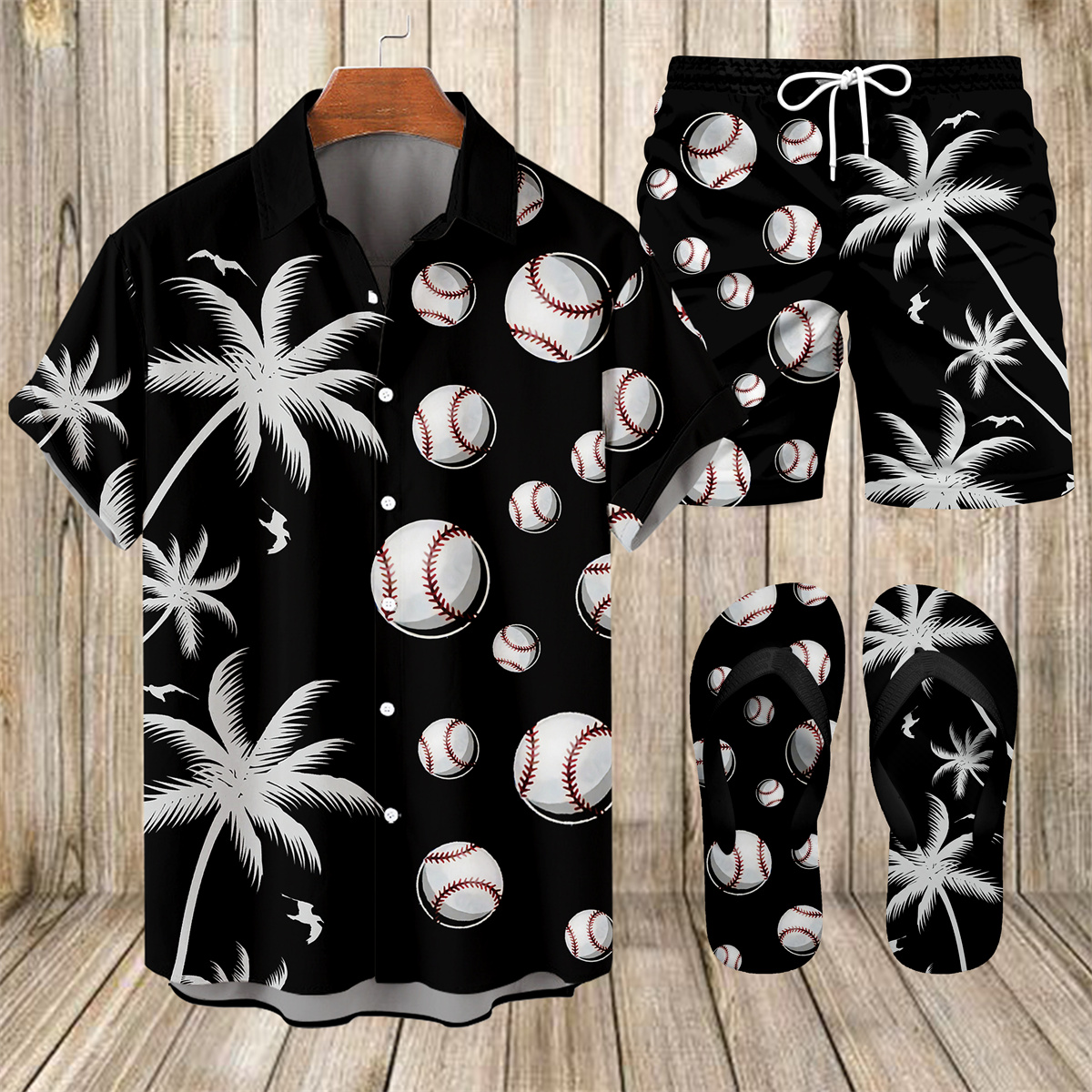 Suitmens Men's Tiki Party Hawaiian Vacation Print Three-Piece Set 023