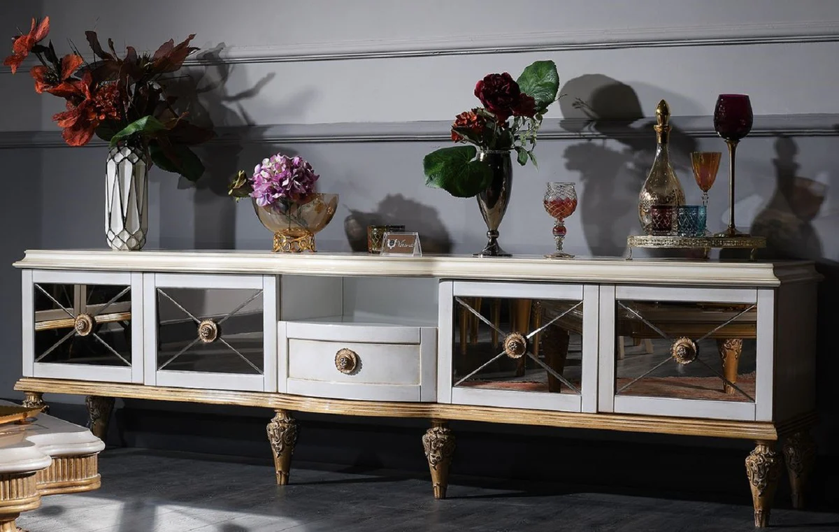 Casa Padrino gabinete de televisión barroco de lujo blanco / oro 241 x 43 x H. 67 cm - Armario de Salón Barroco con 4 Puertas y Cajón