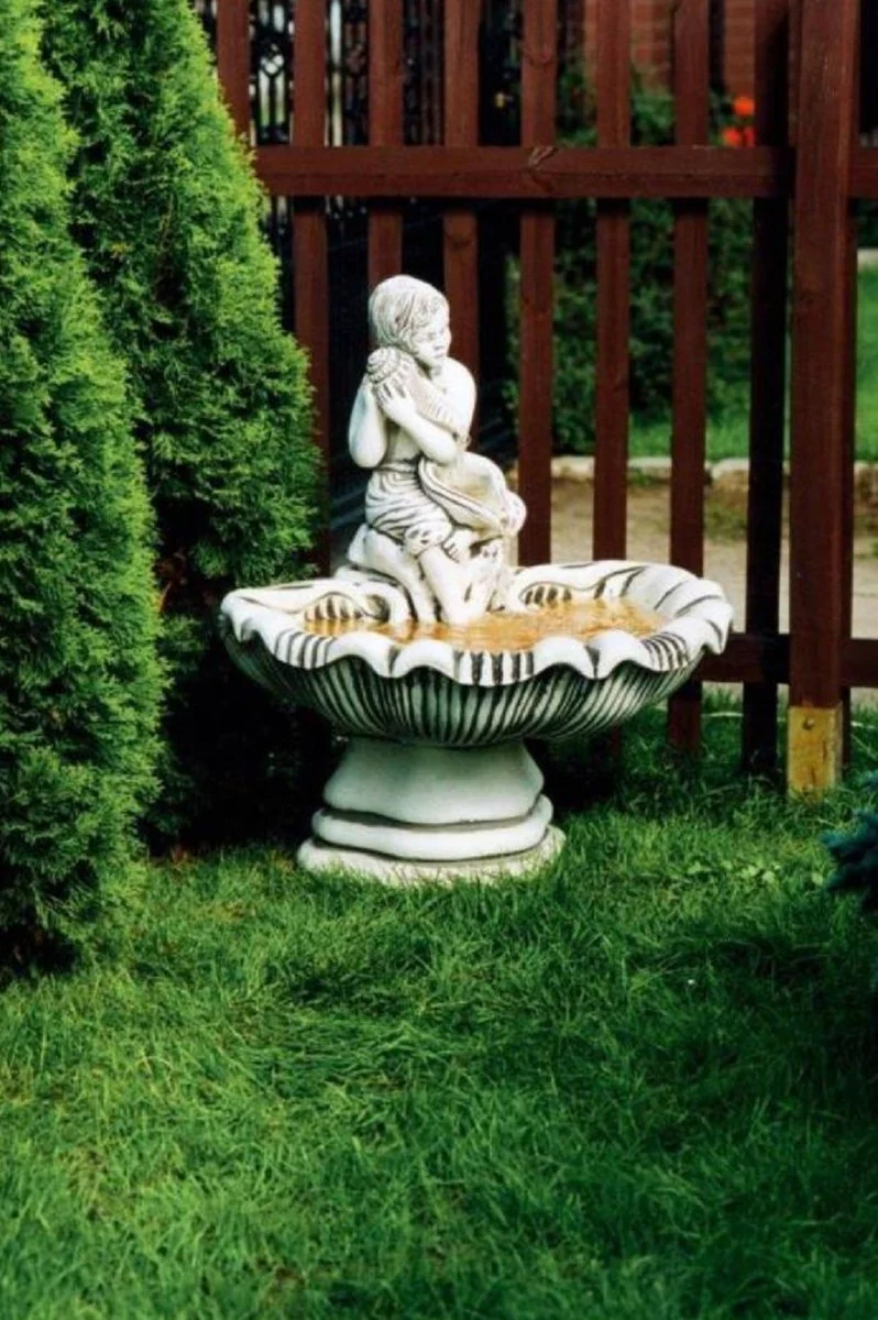 Casa Padrino fuente Art Nouveau niña con concha blanco / gris 75 x 70 x A. 87 cm - Magnífica Fuente de Jardín - Fuente de Decoración de Jardín - Decoración de Jardín Barroco y Art Nouveau