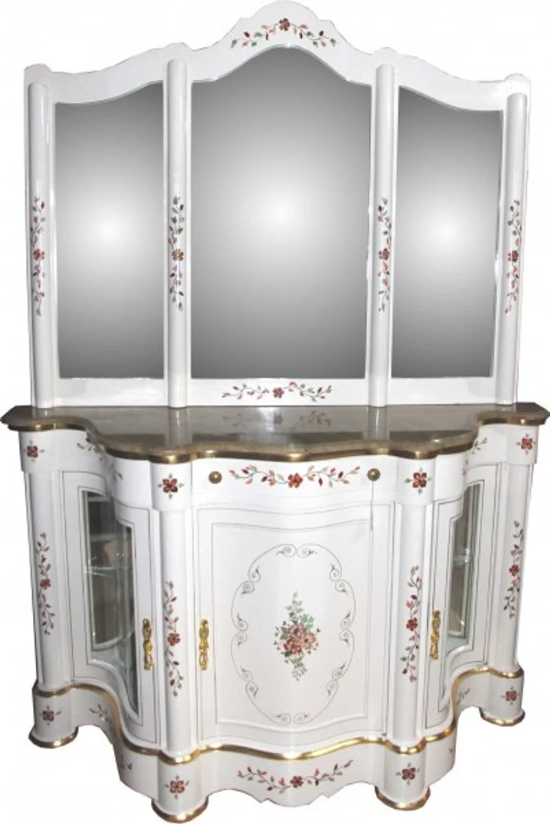 Casa Padrino luxury Baroque cabinet with mirror Console White Handpainted with marble top - luxury furniture console with mirror