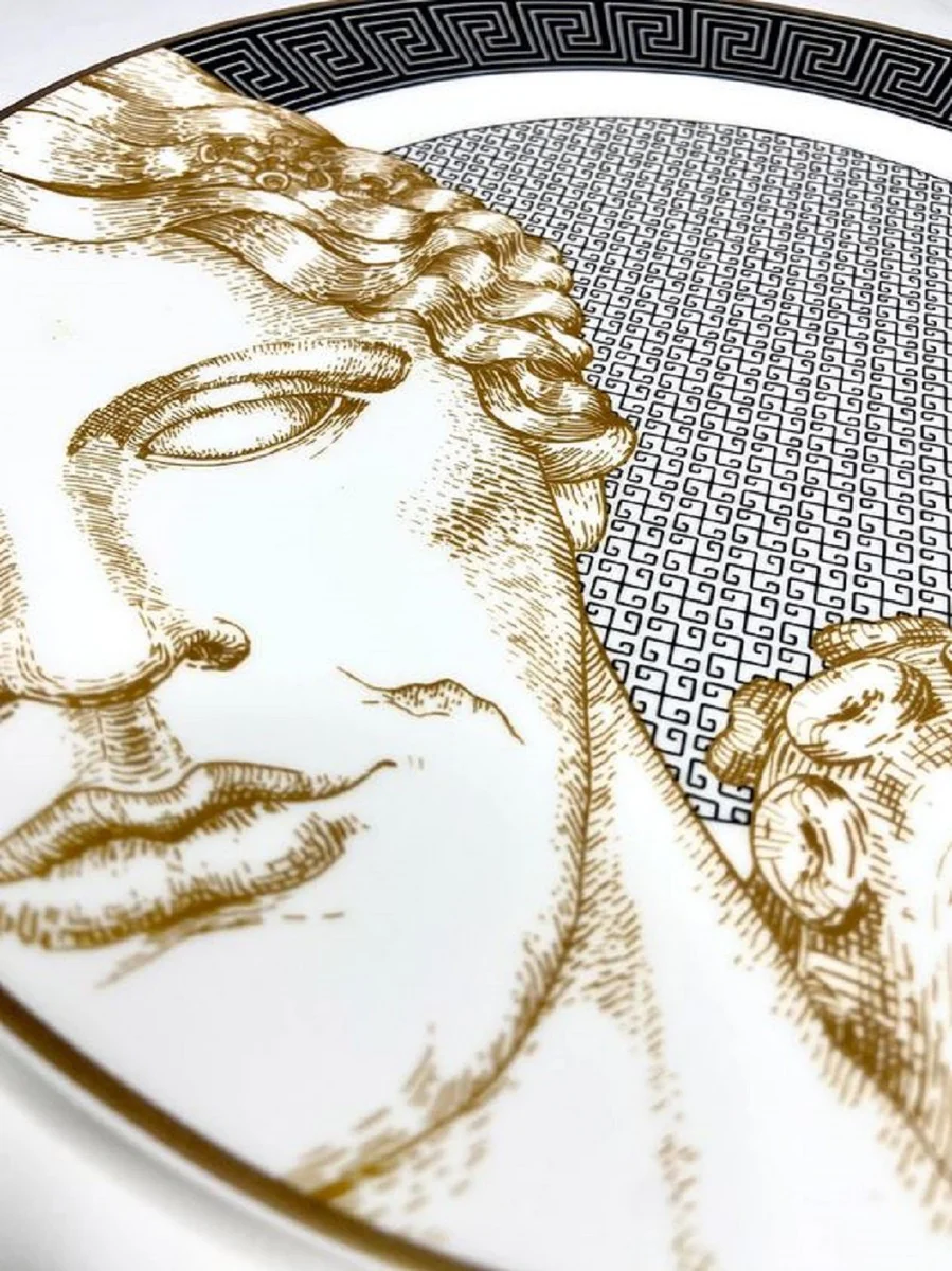Casa Padrino plato de porcelana de lujo blanco / negro / oro ? 29 cm - Plato llano de porcelana pintado a mano - Accesorios decorativos de porcelana - Calidad de lujo - Hecho en Italia