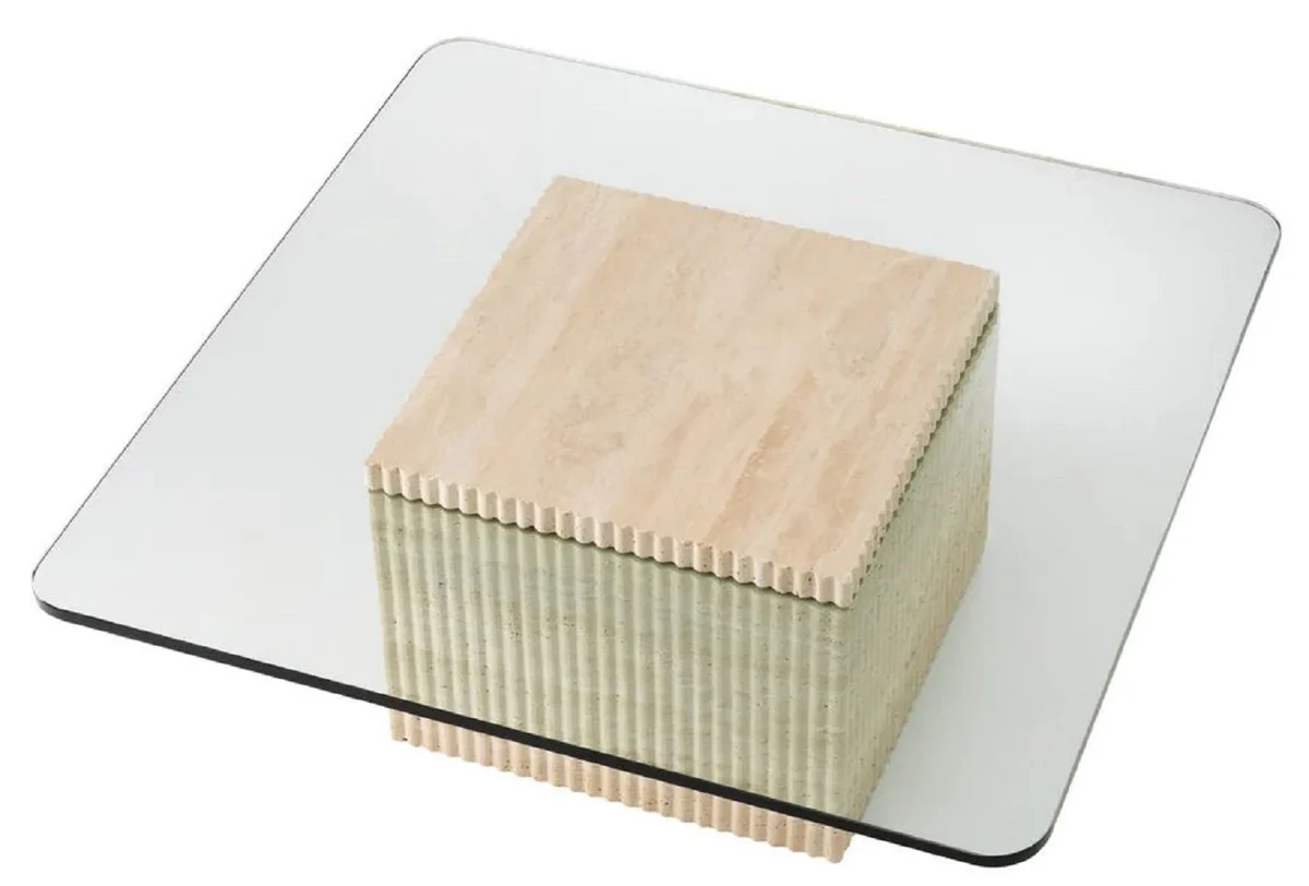 Casa Padrino mesa de centro de travertino de lujo beige 90 x 90 x A. 35 cm - Mesa de sal¨®n cuadrada de piedra natural con tapa de vidrio - Muebles de sal¨®n - Muebles de lujo - Instalaci¨®n de lujo
