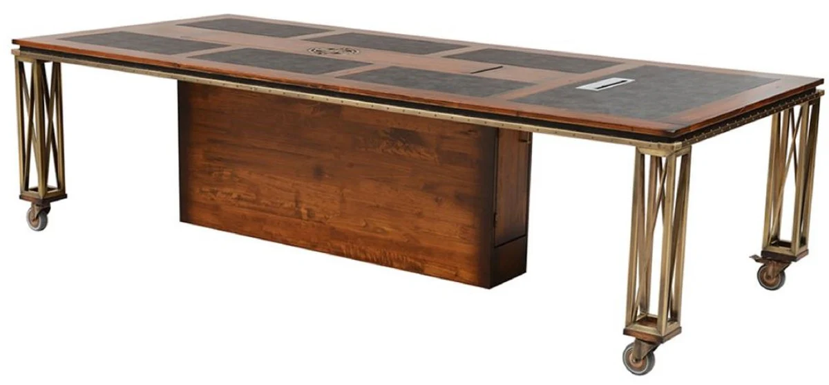 Casa Padrino escritorio de estilo vintage de lujo marr¨®n / lat¨®n / negro 270 x 120 x A. 76 cm - Mesa de oficina de madera maciza con ruedas - Muebles de oficina estilo vintage