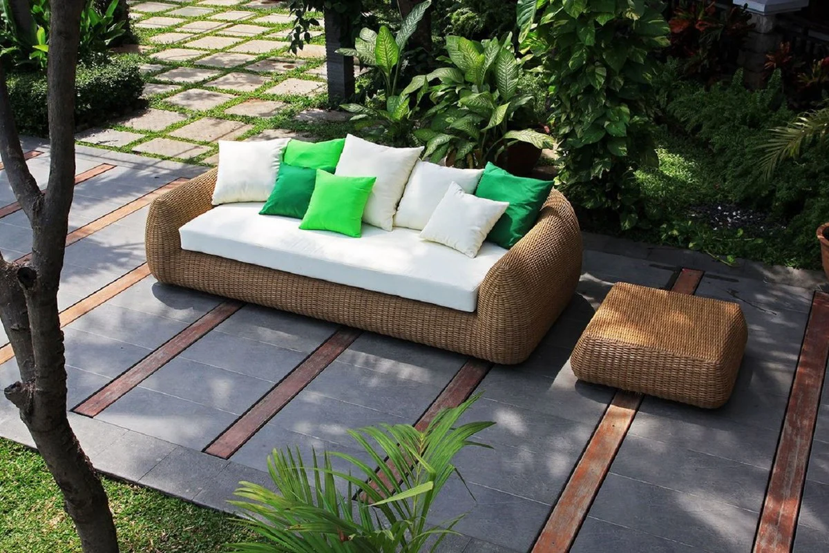 Casa Padrino sofá de jardín de lujo natural / blanco 196 x 124 x A. 72 cm - Sofá impermeable tejido a mano con cojines - Muebles de jardín modernos - Muebles de hotel