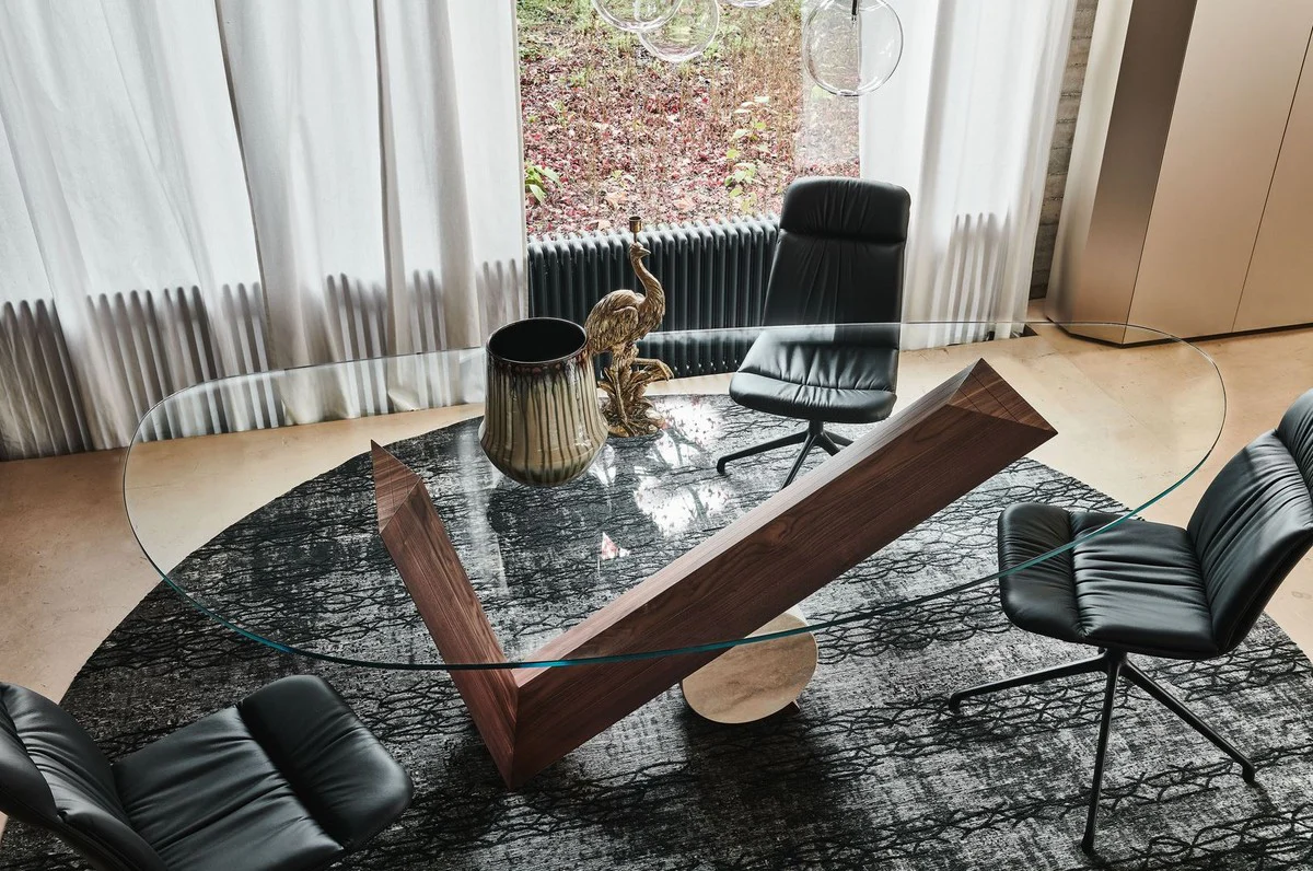 Casa Padrino Mesa de Comedor de Lujo con Tapa de Vidrio Marr¨®n / Crema 220 cm - Hecho en Italia