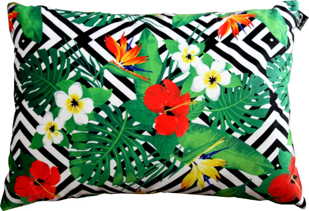 Casa Padrino Luxury Cushion Miami Flowers Negro / Blanco / Multicolor 35 x 55 cm - Terciopelo fino - Sala de estar Almohada decorativa