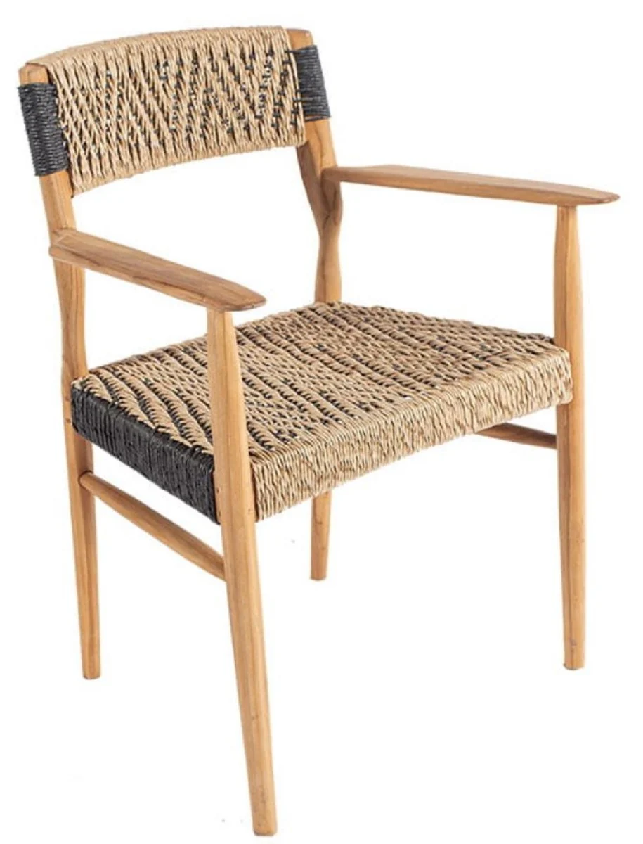 Casa Padrino silla de comedor de lujo con reposabrazos natural / negro 58 x 55 x A. 80 cm - Silla de jard¨ªn de lujo de madera maciza con tejido de rat¨¢n - Muebles de comedor de lujo