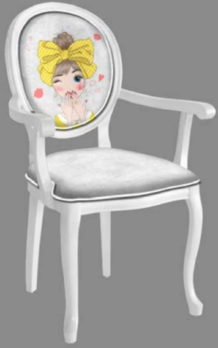 Casa Padrino silla de comedor barroco gris / multicolor / blanco - Silla de estilo antiguo hecha a mano con reposabrazos - Muebles de comedor de estilo barroco