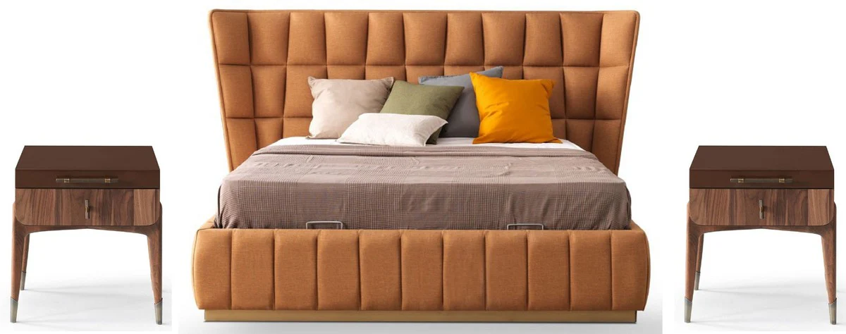 Casa Padrino conjunto de dormitorio de lujo marr¨®n claro / marr¨®n - 1 Cama Matrimonial con Cabecero y 2 Mesitas de Noche - Muebles de dormitorio de lujo - Interiores de dormitorio de lujo