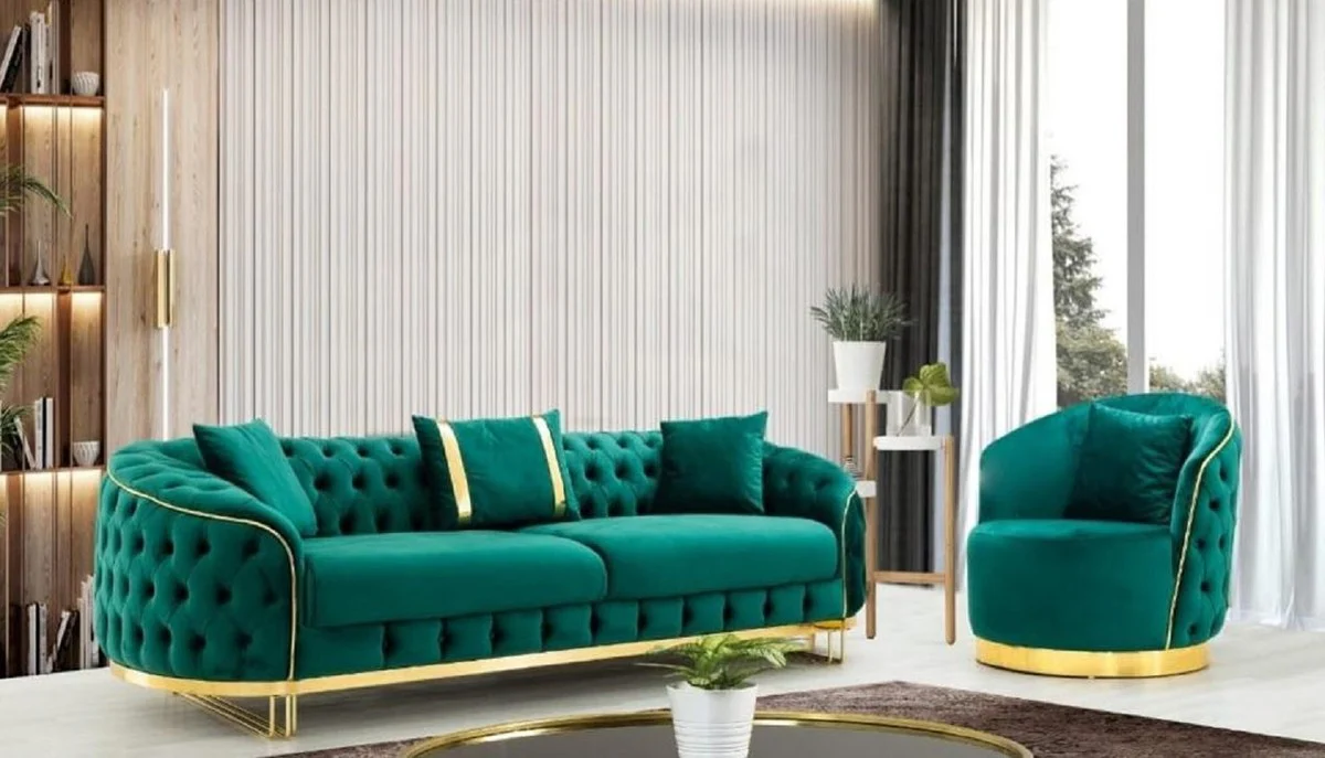 Casa Padrino sof¨¢ Chesterfield de lujo verde / oro 240 x 95 x A. 72 cm - Sof¨¢ de sal¨®n moderno - Muebles de Sal¨®n Chesterfield