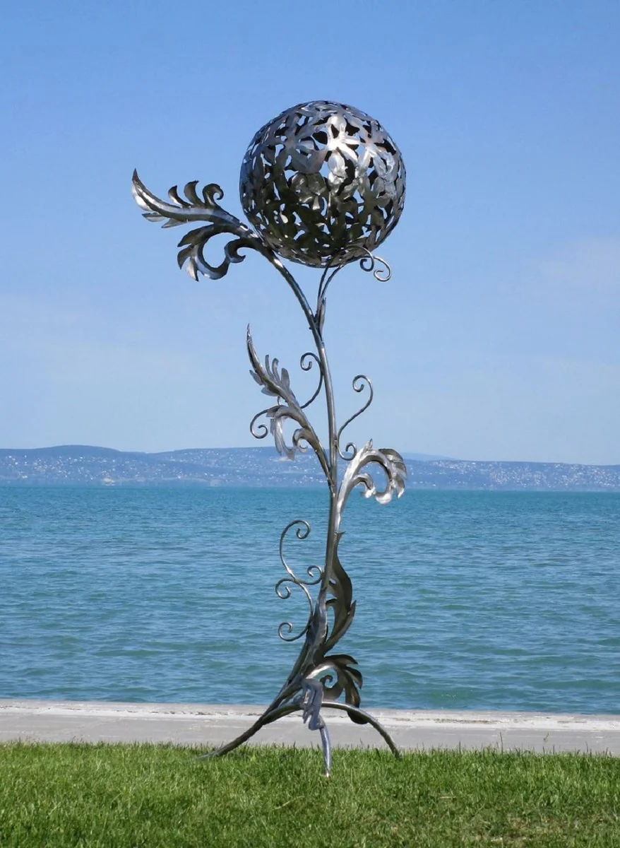 Casa Padrino escultura de jardín barroco de acero inoxidable columna con bola plata 85 x 82 x A. 200 cm - Decoración de jardín hecha a mano resistente a la intemperie