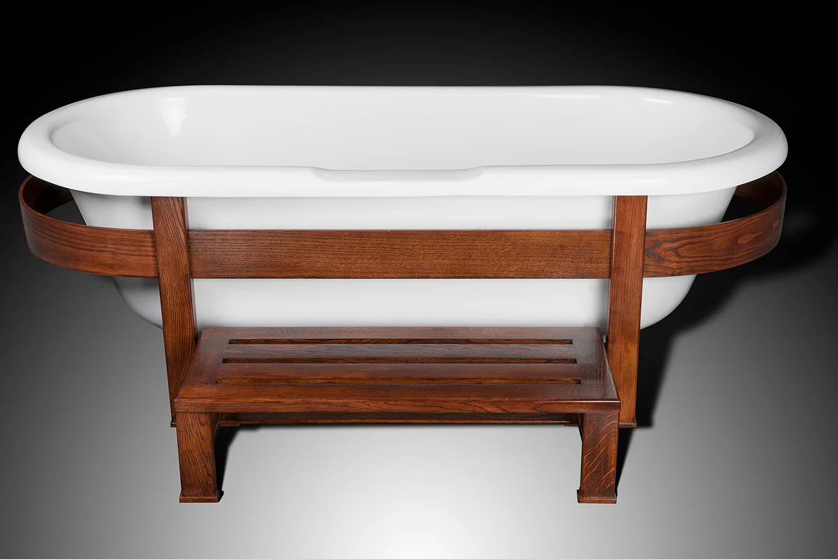 Casa Padrino bañera de lujo retro blanco / marron oscuro 178 x 76 x A. 73 cm - Bañera independiente con estructura de madera y escalón - Muebles de baño retro