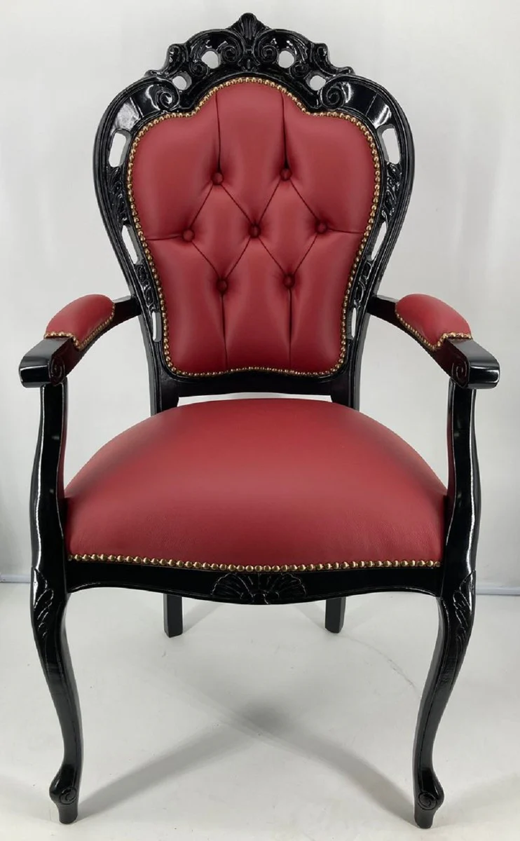 Casa Padrino silla de comedor de cuero barroco de lujo con reposabrazos rojo burdeos / negro - Magn¨ªfica silla de cuero genuino en estilo barroco - Muebles de comedor barrocos - Hecho en Italia
