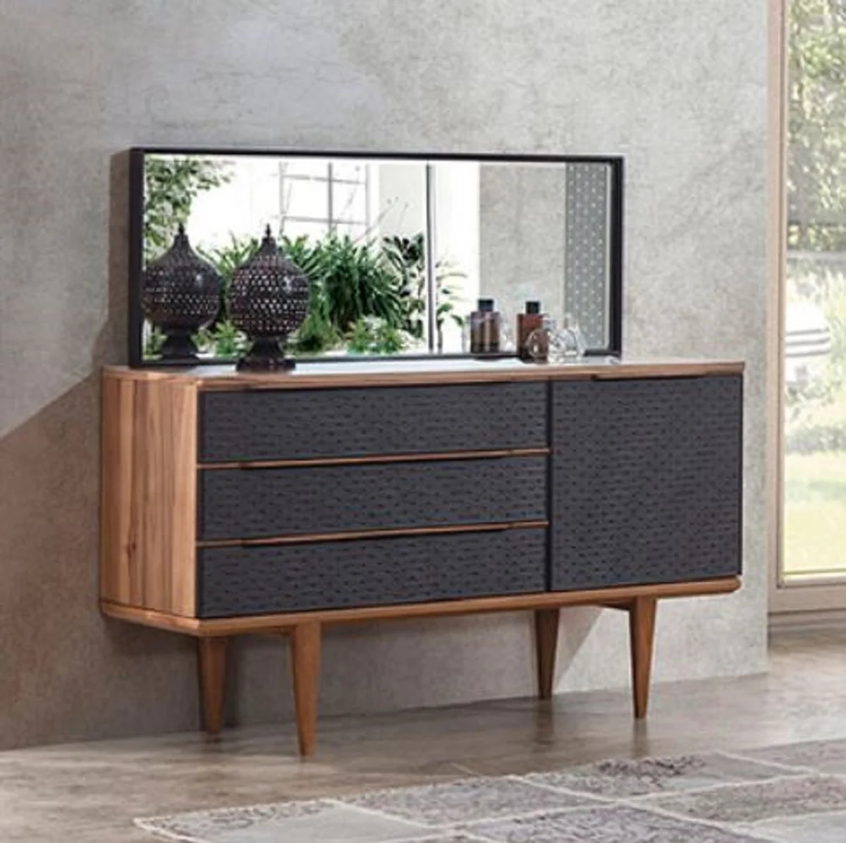 Casa Padrino conjunto de dormitorio de lujo marr¨®n / gris / negro - 1 C¨®moda de Lujo y 1 Espejo de Pared de Lujo - Muebles de Dormitorio Modernos - Colecci¨®n de Lujo