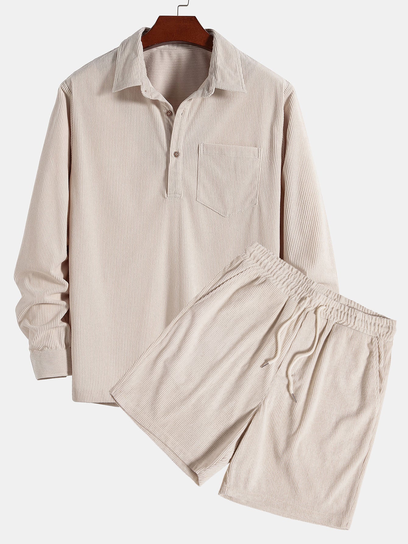Long Sleeve Polo Collar Corduroy Shirt & Shorts