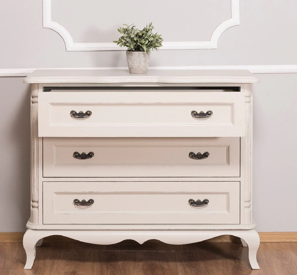 Casa Padrino c¨®moda de estilo campestre con 3 cajones gris claro antiguo 110 x 48 x H. 89 cm - Muebles de Estilo Campestre