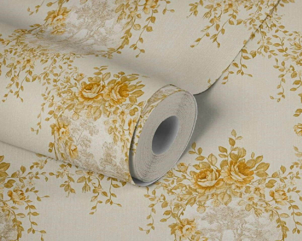 Casa Padrino papel pintado barroco no tejido beige / oro - Papel pintado de salón de estilo barroco con elegante patrón floral - Accesorios de decoración barroco