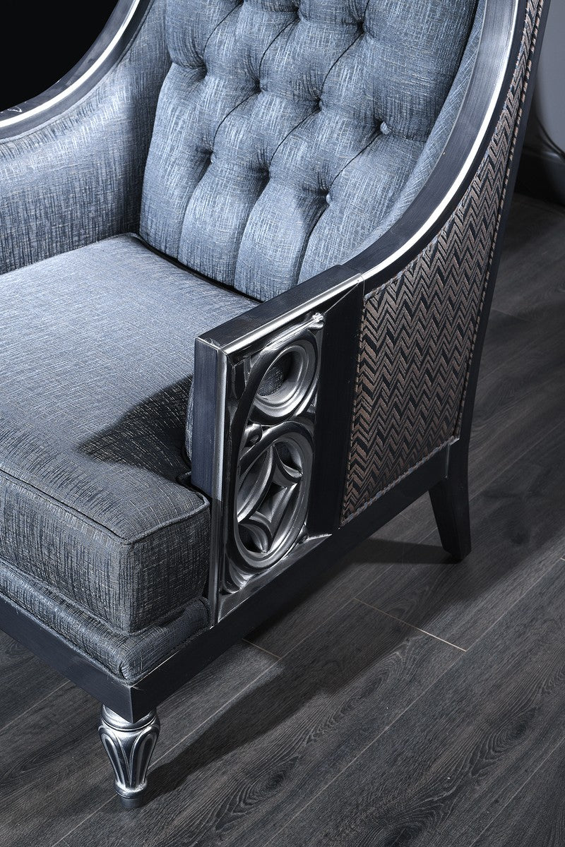 Casa Padrino Sill¨®n para Sala de Estar Barroco de Lujo Chesterfield Azul / Gris / Plata 77 x 76 x H. 100 cm - Muebles Barrocos