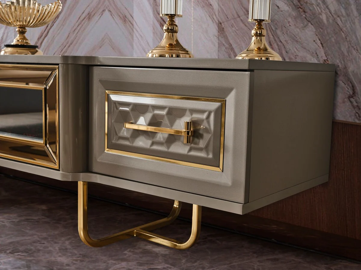 Casa Padrino conjunto de mueble de TV Art Deco de lujo gris / oro - Aparador de sala de estar con chimenea el¨¦ctrica LED y pared trasera de TV - Muebles Art Deco - Muebles de sala - Muebles de lujo