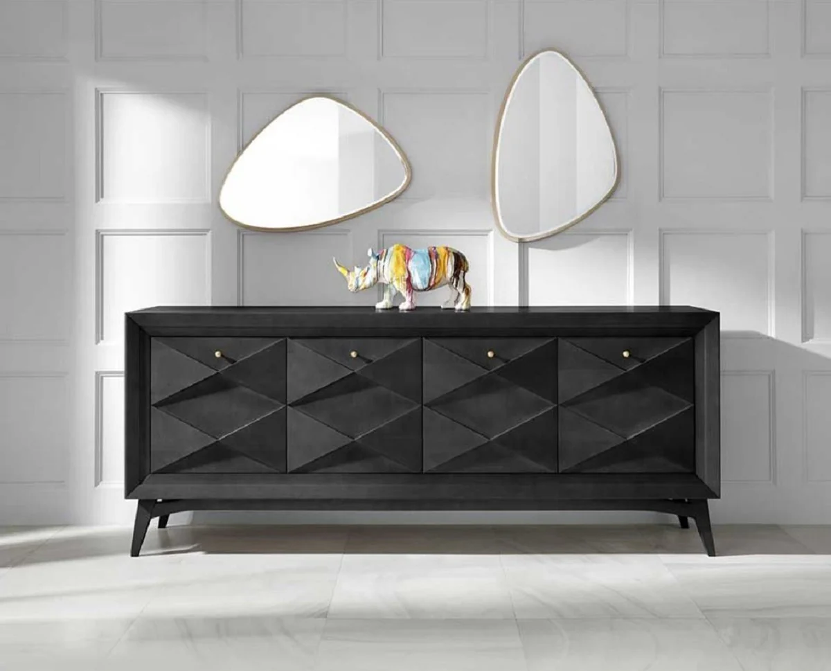 Casa Padrino aparador Art Deco de lujo negro 220 x 50 x A. 92 cm - Gabinete de madera maciza noble con 4 puertas - Muebles de comedor - Muebles Art Deco - Muebles de lujo