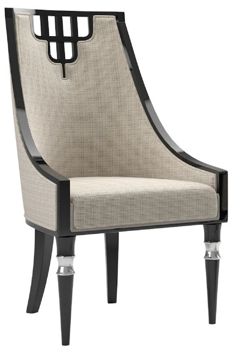 Casa Padrino silla de comedor Art Deco de lujo beige / negro / plata - Silla de cocina de madera maciza hecha a mano - Muebles de Comedor Art Deco Noble