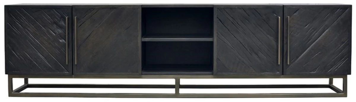 Casa Padrino gabinete de TV de madera maciza de lujo negro / lat¨®n 220 x 43 x A. 60 cm - Aparador de sal¨®n r¨²stico de madera roble con 4 puertas - Muebles de sal¨®n r¨²sticos madera maciza de lujo