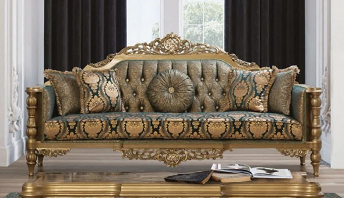 Casa Padrino sof¨¢ barroco de lujo green / gold - Magn¨ªfico sof¨¢ de sal¨®n con patr¨®n elegante y almohadas decorativas - Muebles de sal¨®n barrocos