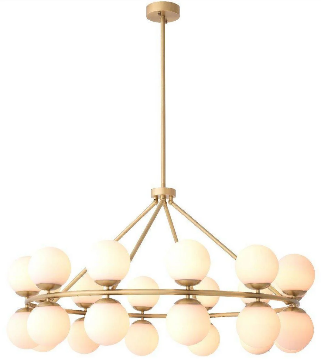 Casa Padrino lámpara de araña de lujo latón antiguo / blanco Ø 115 x A. 65 cm - Lámpara de araña moderna de metal con pantallas redondas de vidrio - Colección de Lujo