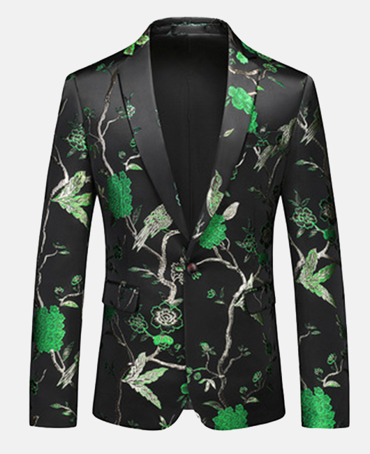 Fashion Floral Jacquard Notch Lapel One Button Slim Fit Blazer