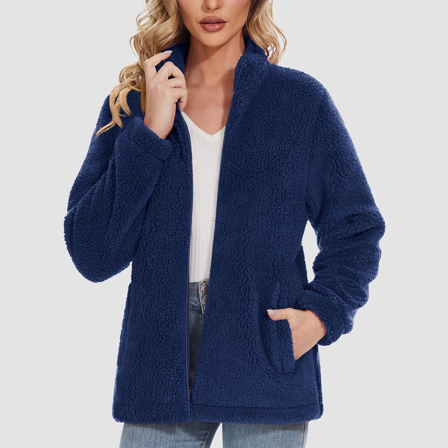 Women Sherpa Jacket Full-Zip Fuzzy Fleece Teddy Casual Coats Zip Pockets Winter Warm Soft Jackets