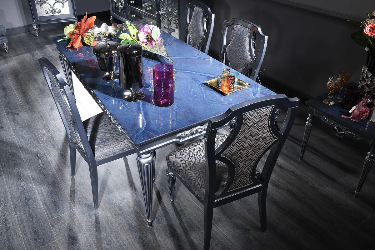 Casa Padrino conjunto de comedor barroco de lujo azul / gris / plata - Mesa de Comedor y 4 Sillas de Comedor - Muebles de Comedor Barrocos