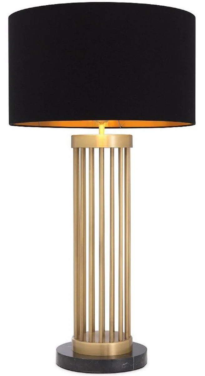 Casa Padrino lámpara de mesa de lujo latón antiguo / negro Ø 45 x A. 83 cm - Lámpara de escritorio moderna de metal con base de mármol y pantalla redonda - Lámpara de salón