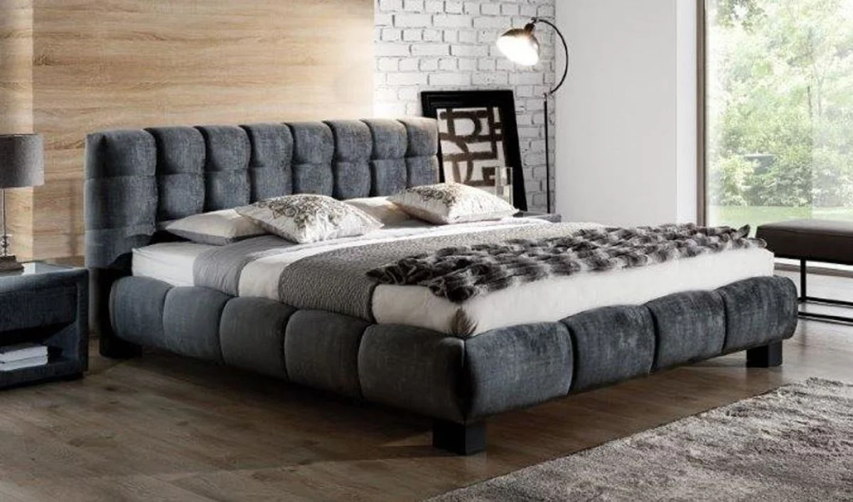 Casa Padrino Cama Matrimonial de Lujo Gris / Negro - Varios Tamaños - Cama Moderna de Madera Maciza con Cabecero - Muebles Dormitorio de Lujo - Colección de Lujo