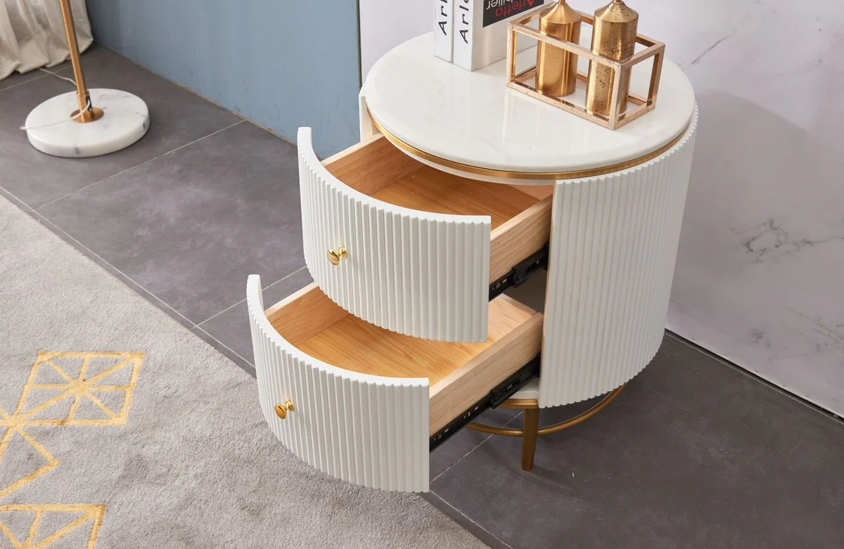 Casa Padrino mesa auxiliar de lujo blanco / lat¨®n / oro ? 50 x A. 58 cm - Mesita de noche redonda con 2 cajones - Muebles Modernos