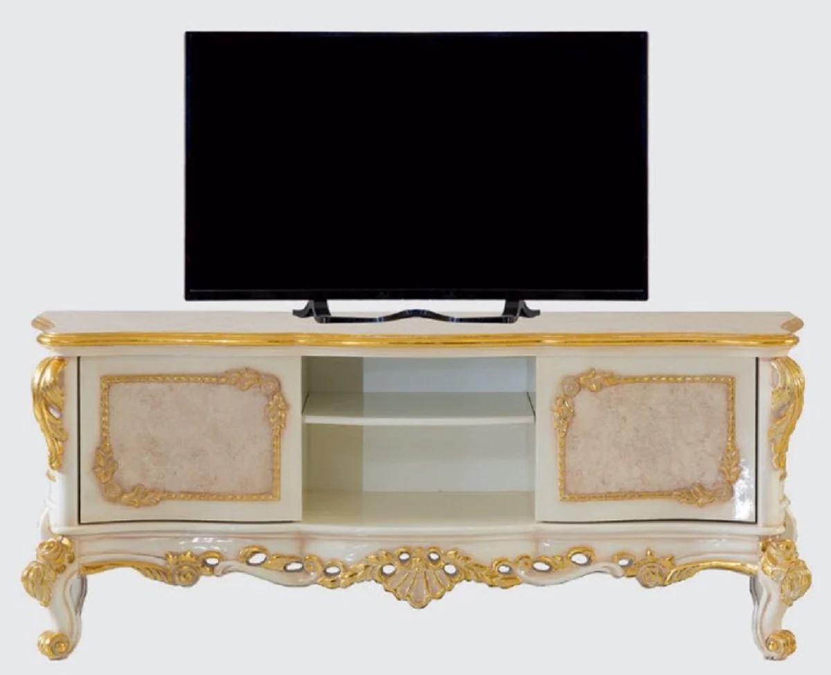 Casa Padrino armario de TV barroco de lujo beige / blanco / oro - Magnífico aparador de salón con 2 puertas - Muebles de salón barrocos