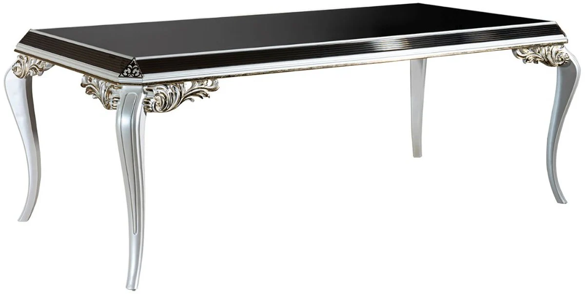 Casa Padrino mesa de comedor barroco de lujo blanco / oro / negro 207 x 104 x A. 78 cm - Mesa de cocina de madera maciza con tapa de vidrio - Muebles de comedor noble en estilo barroco