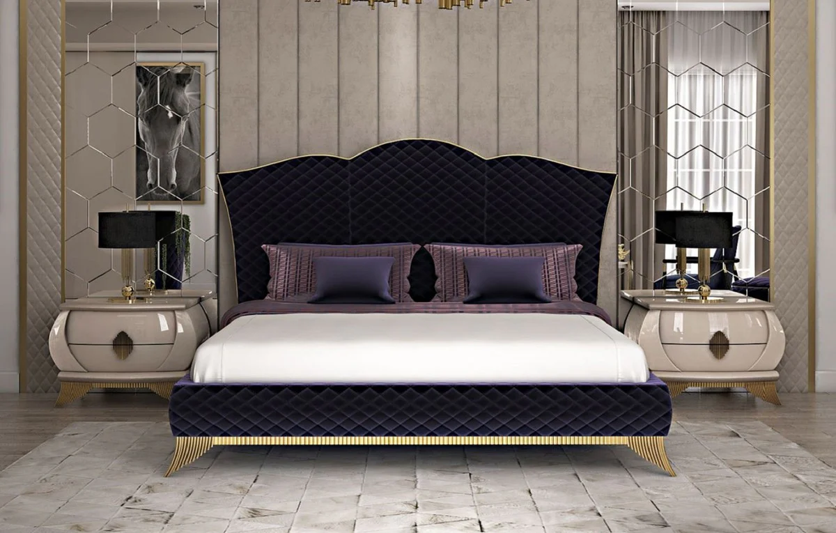 Casa Padrino mesita de noche Art Deco de lujo crema / oro 75 x 50 x A. 55 cm - Elegante mesita de noche de madera maciza con 2 cajones - Muebles de Dormitorio y Hotel Art Deco de Lujo