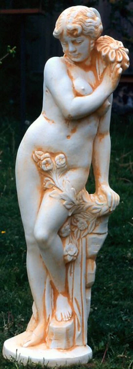 Gran Casa Padrino Art Nouveau escultura mujer con flor 40 x H 140 cm pátina de crema de estilo antiguo - decoración de jardín barroco - pesado y sólido