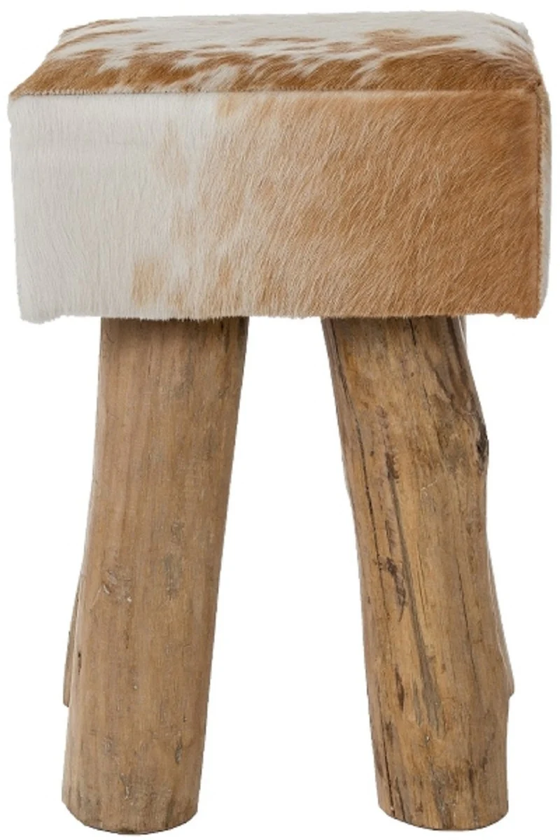Casa Padrino taburete de piel de estilo campestre marrón / blanco / natural 30 x 30 x H. 45 cm - Taburete Sentado con Patas de Madera Maciza