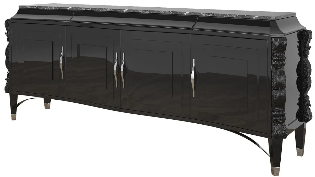 Casa Padrino aparador Art Decó de lujo negro / plata 220 x 50 x A. 90 cm - Gabinete de salón noble con 4 puertas y encimera de mármol - Muebles Art Deco