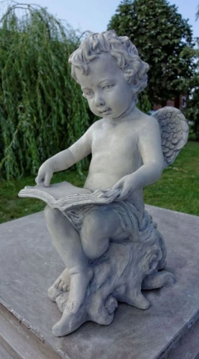 Casa Padrino Art Nouveau Escultura Ángel con Libro Gris 18 x H. 40 cm - Estatuilla Jardín Deco