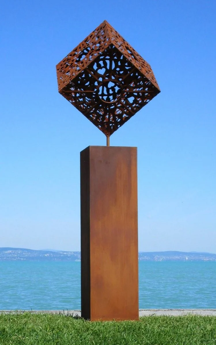 Casa Padrino escultura de metal de decoraci¨®n de jard¨ªn XXL cubo sobre columna ¨®xido A. 216 cm