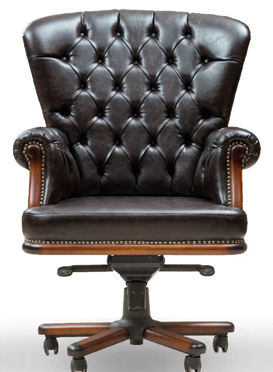 Casa Padrino silla de escritorio Chesterfield de lujo negro vintage / marr¨®n 84 x 93 x A. 114 cm - Silla de oficina cuero artificial ajustable en altura - Muebles de oficina Chesterfield de lujo