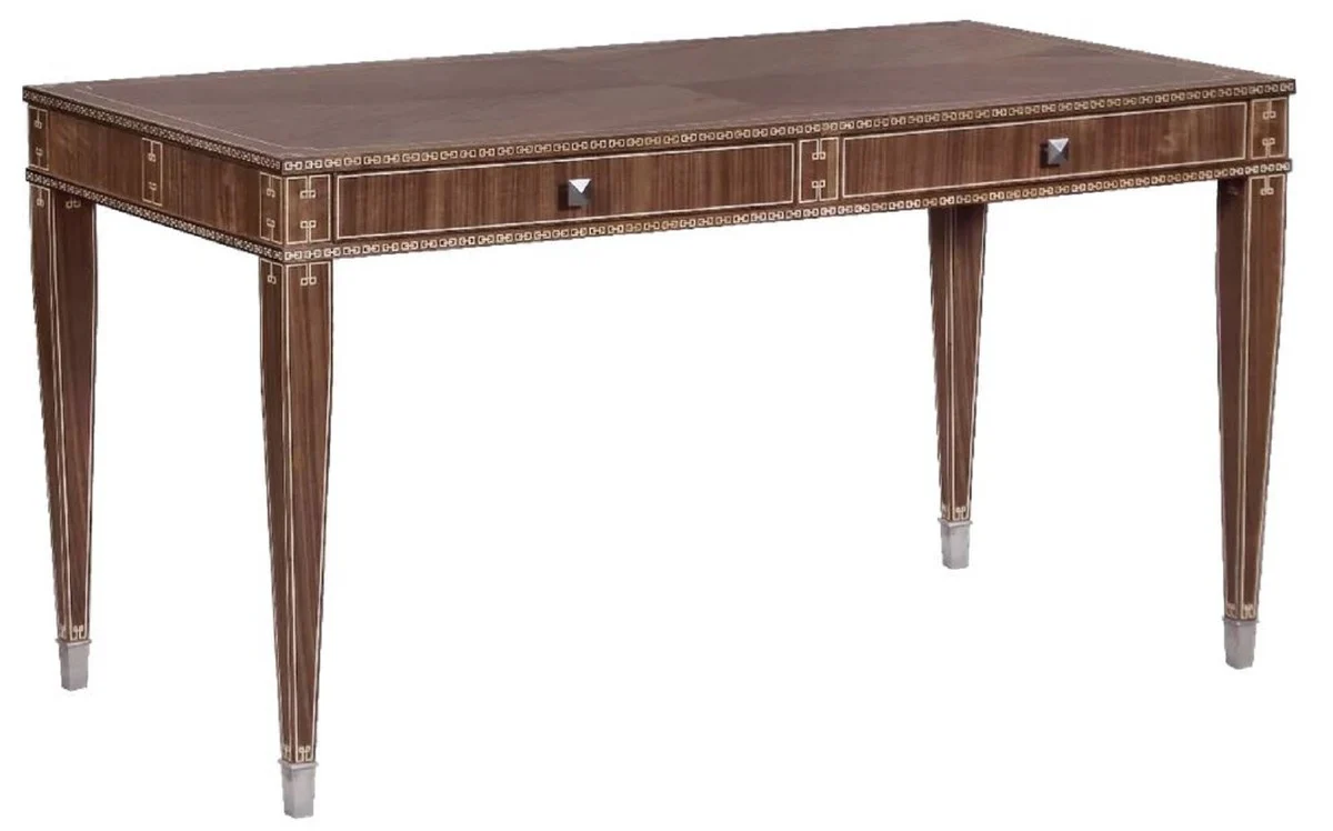 Casa Padrino Escritorio Art Deco de Lujo con 2 Cajones Marr¨®n / Plata 141 x 70 x A. 75 cm - Mesa de Oficina de Madera Maciza - Muebles de Oficina - Muebles Art Deco - Muebles de Lujo