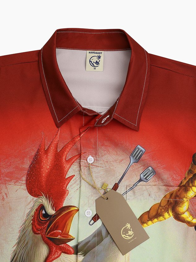 Kung fu Rooster Chest Pocket Short Sleeve Casual Shirt